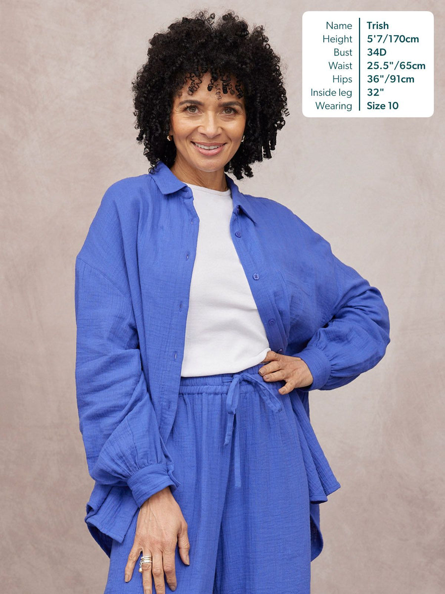 Deborah Oversized Cotton Crinkle Shirt in cobalt blue, worn open over white tee with matching trousers