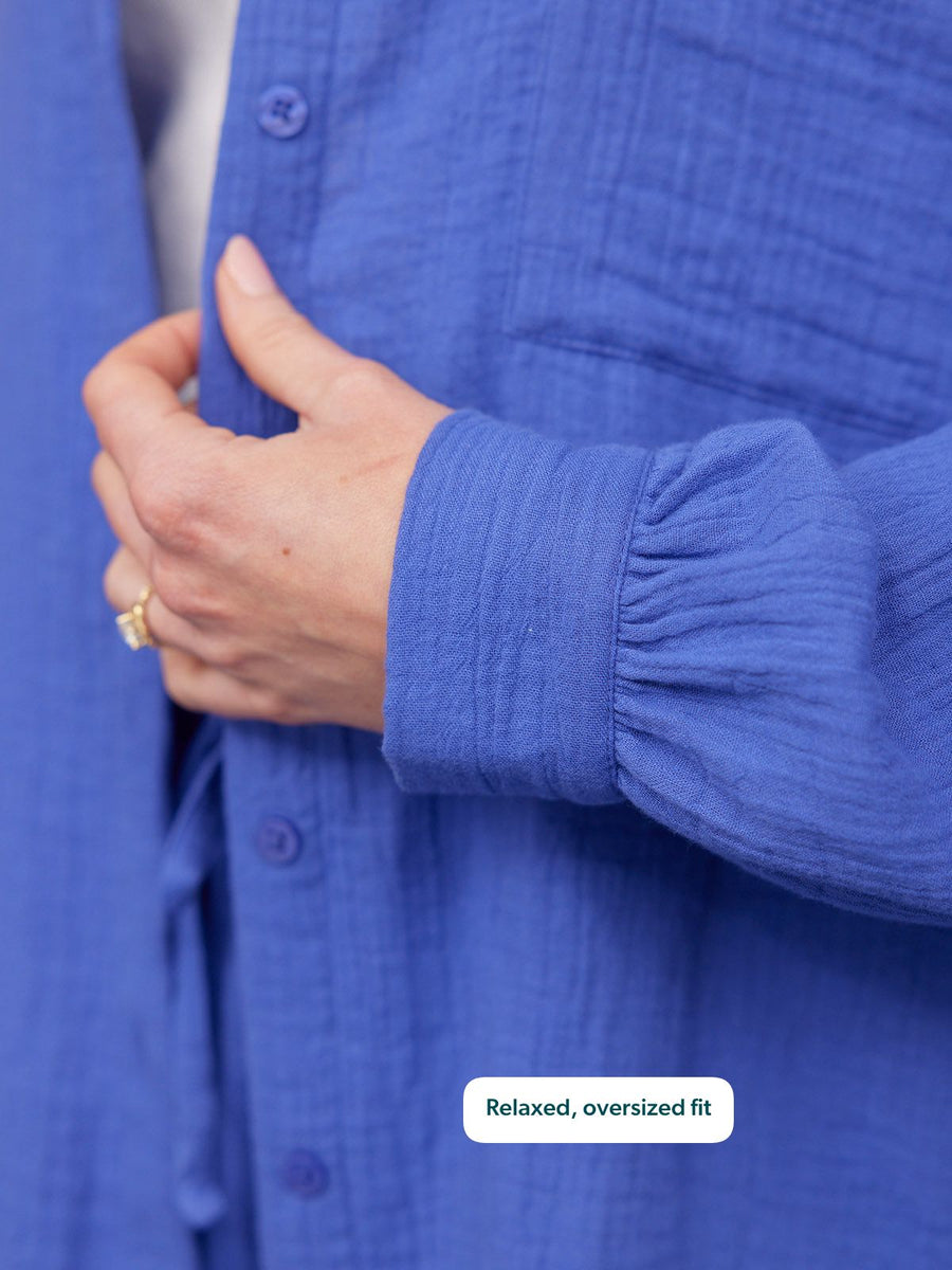Deborah Oversized Cotton Crinkle Shirt in cobalt blue, close-up of gathered cuff and button placket detail.
