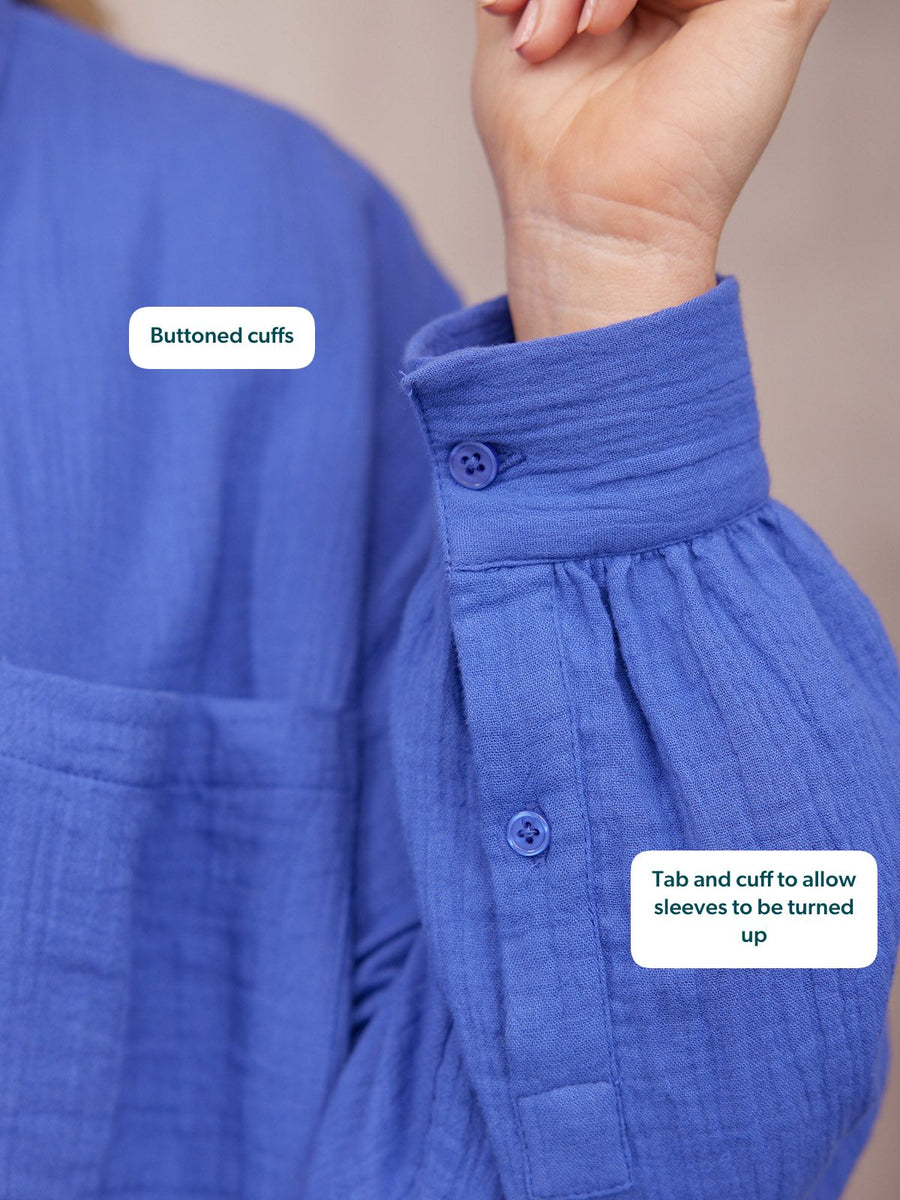 Deborah Oversized Cotton Crinkle Shirt in cobalt blue, close-up of buttoned cuff with tab detail to turn up sleeves.