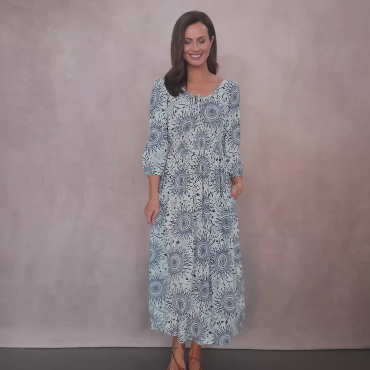 Marisol Round Neck Shirred Dress - Ecru & Blue Sun Print – This is Unfolded