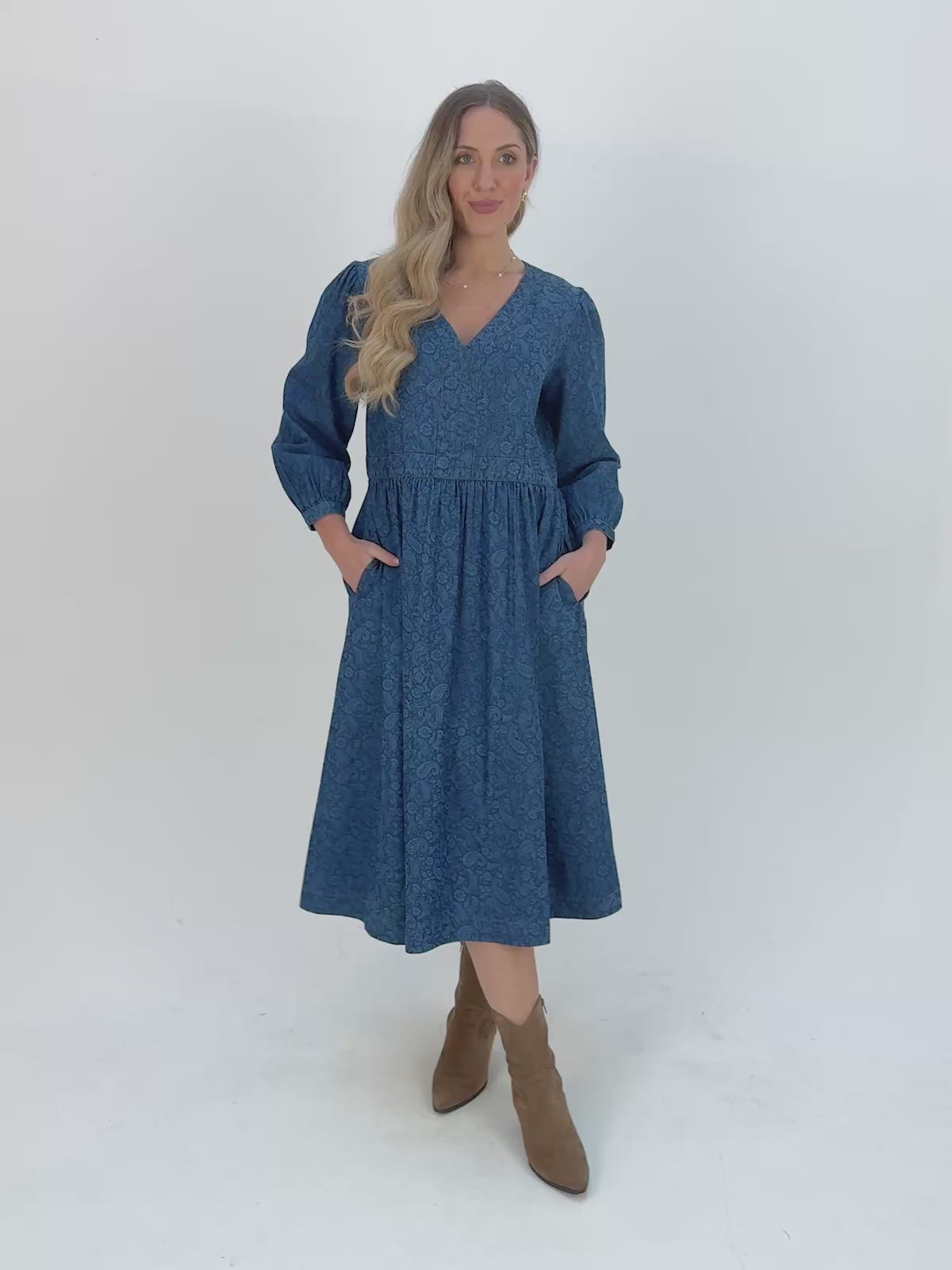 Jessica V-Neck Denim Dress - Printed Paisley – This is Unfolded