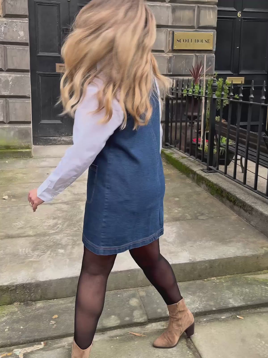 denim dress with tights AGOLDE Barton mini Super stretchy denim skater dress with front pockets Dani Mini Dress - Denim