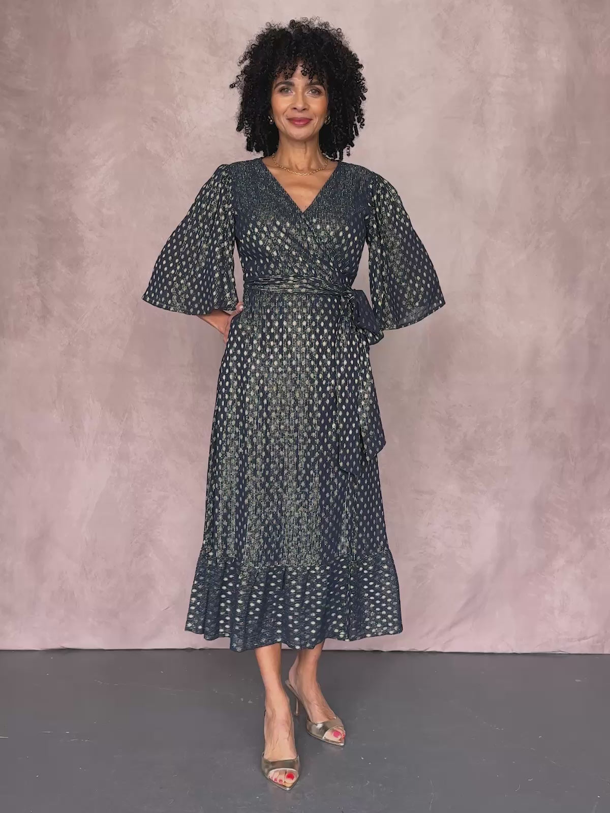 Tricia Wrap Lurex Dress - Navy, Silver & Gold – This is Unfolded
