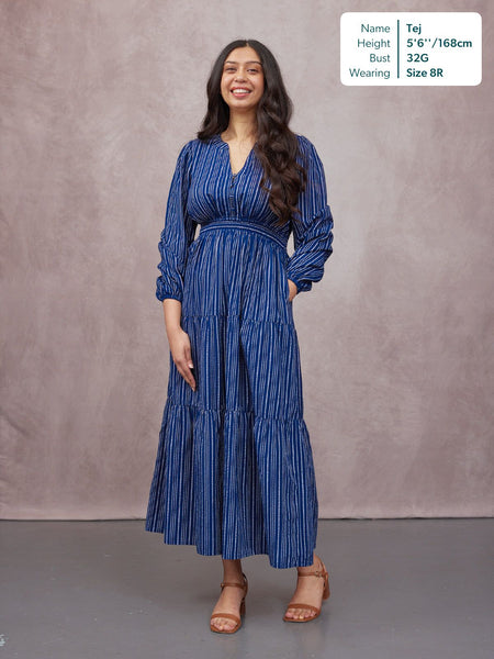 Alicia Long Sleeve Tiered Stripe Dress - Navy & White