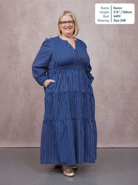 Alicia Long Sleeve Tiered Stripe Dress - Navy & White