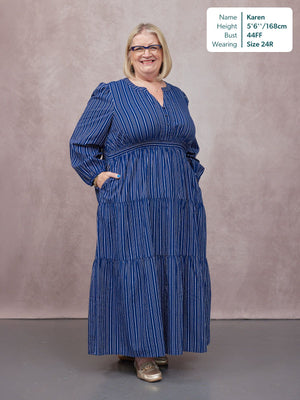 Alicia Long Sleeve Tiered Stripe Dress - Navy & White