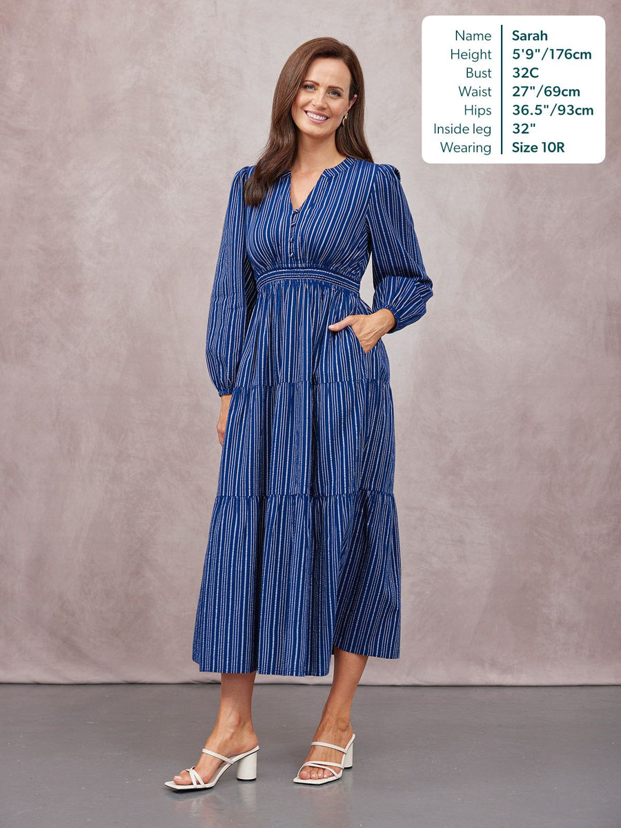Alicia Long Sleeve Tiered Stripe Dress - Navy & White
