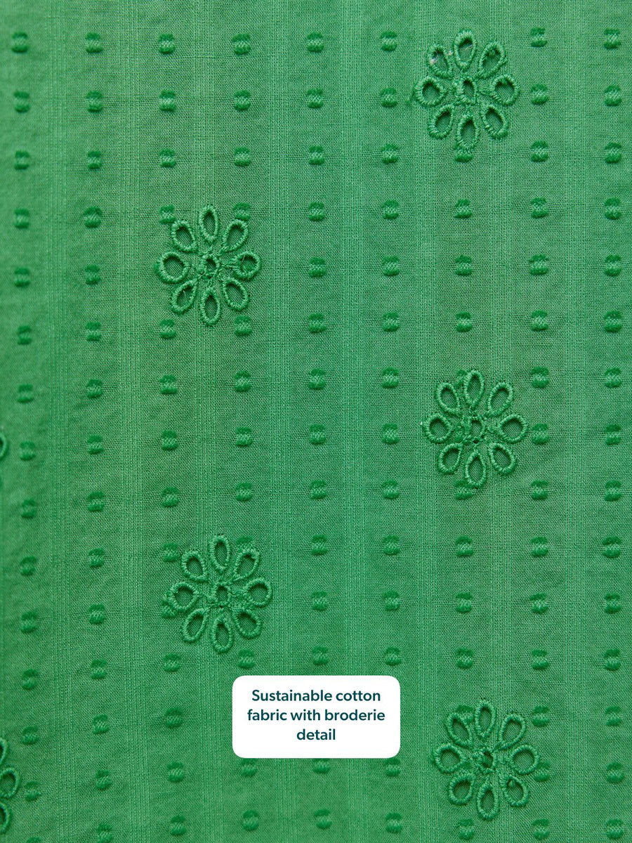 Allegra Broderie Dress in green – close-up of sustainable cotton fabric with embroidered floral broderie and dot texture detail