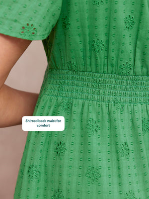 Allegra Broderie Dress in green – close-up of shirred back waist, broderie anglaise floral detail and short puff sleeve