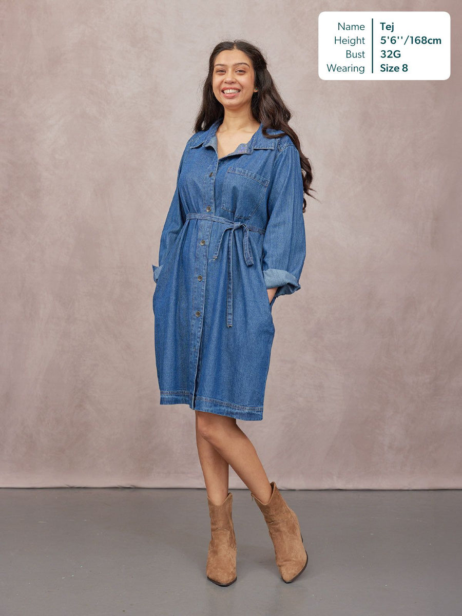 Ava Long Sleeve Denim Shirt Dress - Blue