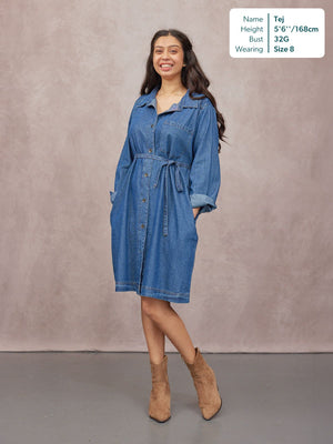 Ava Long Sleeve Denim Shirt Dress - Blue