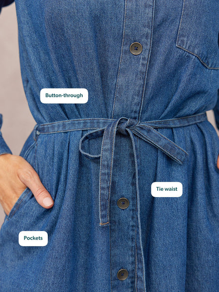 Ava Long Sleeve Denim Shirt Dress - Blue