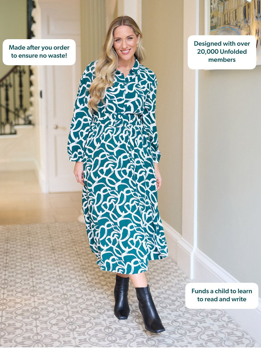 Camilla Long Sleeve Shirt Dress - Green Graphic Lines Print