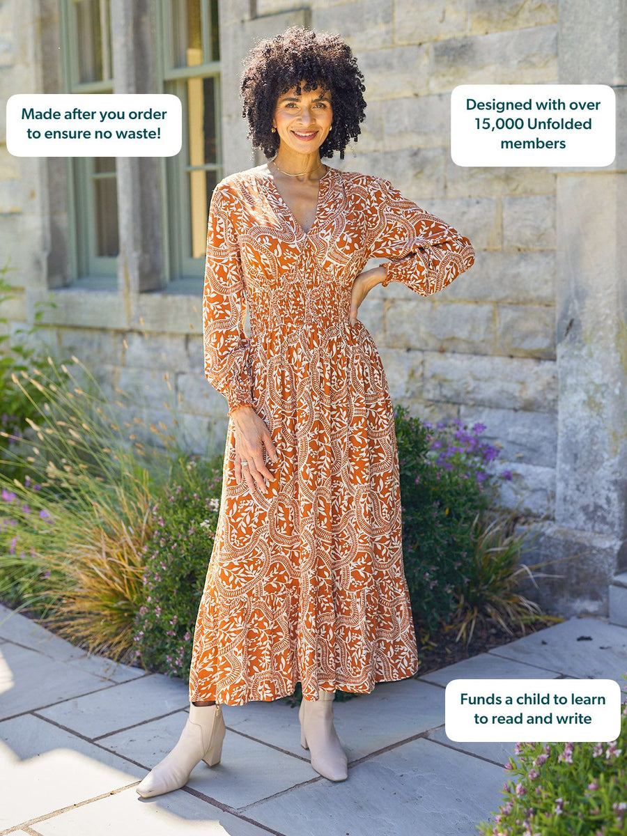 Carrie Shirred Waist Dress - Burnt Orange & Ecru Block Print