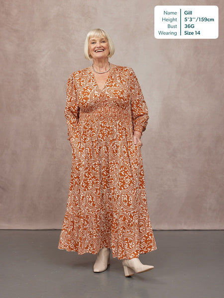 Carrie Shirred Waist Dress - Burnt Orange & Ecru Block Print
