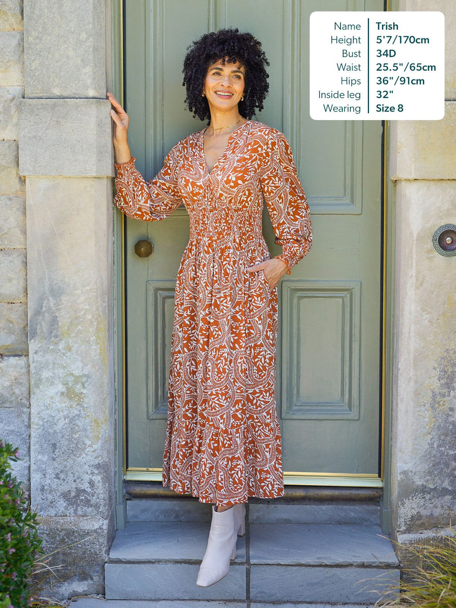 Carrie Shirred Waist Dress - Burnt Orange & Ecru Block Print