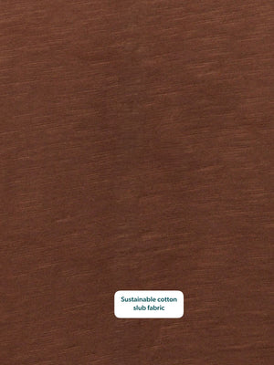Close-up of Cathy V-neck Tee in brown sustainable cotton slub fabric, showing textured weave detail