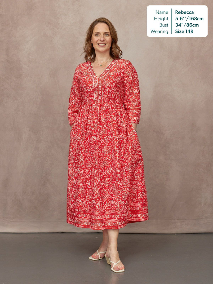 Cindy Kimono Sleeve Midi Dress - Red & Ecru Paisley Print This is Unfolded Cindy Kimono Sleeve Midi Dress - Red & Ecru Paisley Print This is Unfolded
