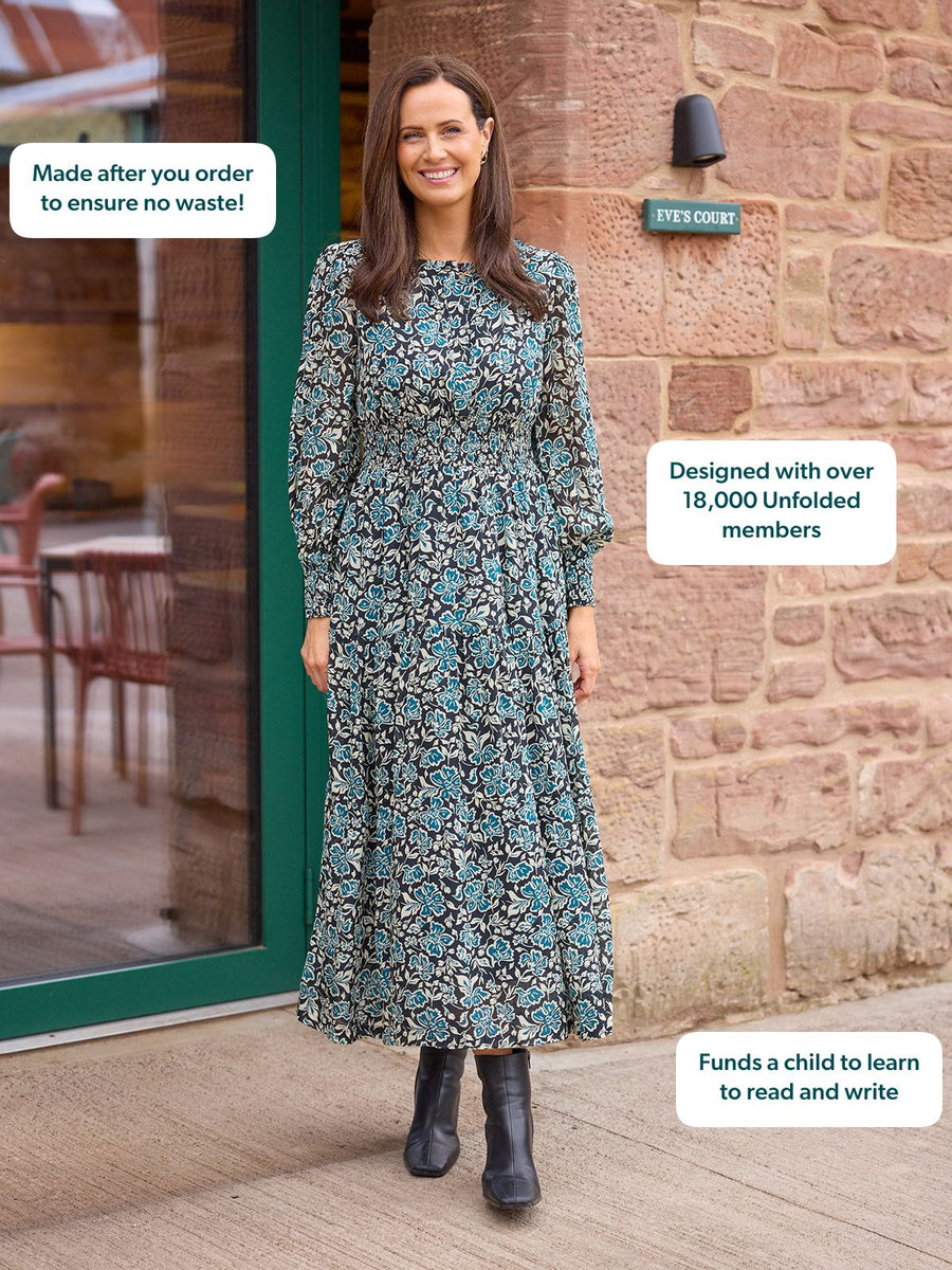 Eleanor Tiered Skirt Dress - Black & Teal Floral Print