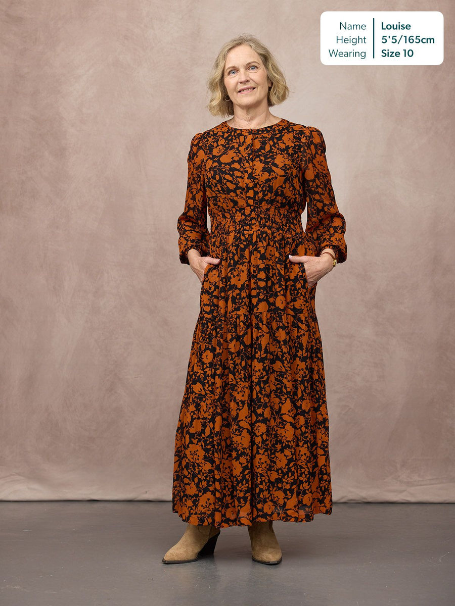 Eleanor Tiered Skirt Dress - Orange & Black Floral Print