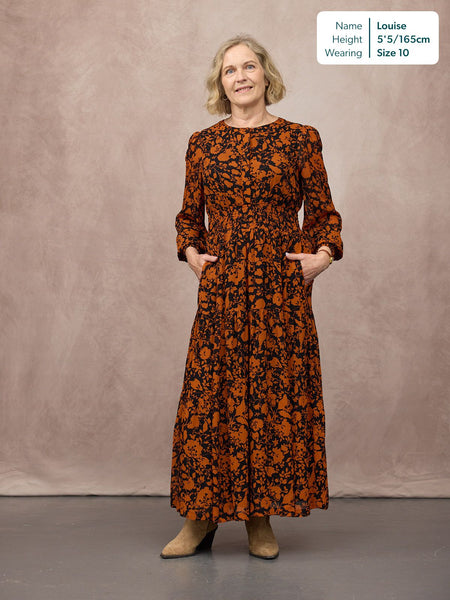 Eleanor Tiered Skirt Dress - Orange & Black Floral Print