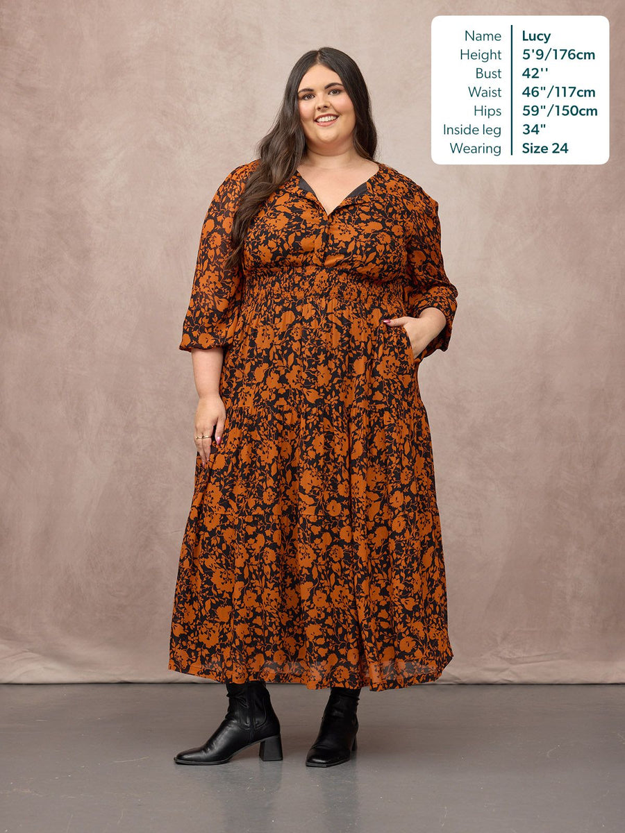 Eleanor Tiered Skirt Dress - Orange & Black Floral Print