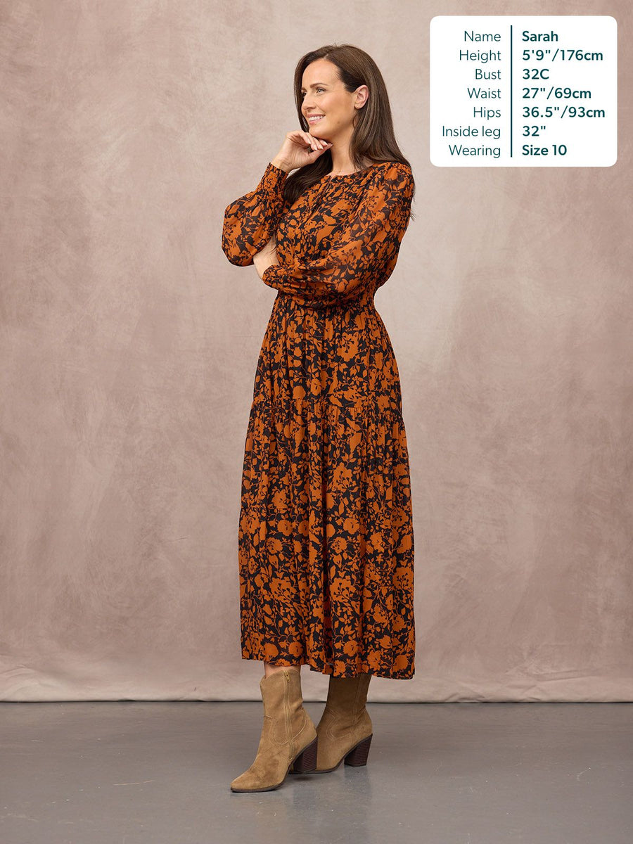 Eleanor Tiered Skirt Dress - Orange & Black Floral Print