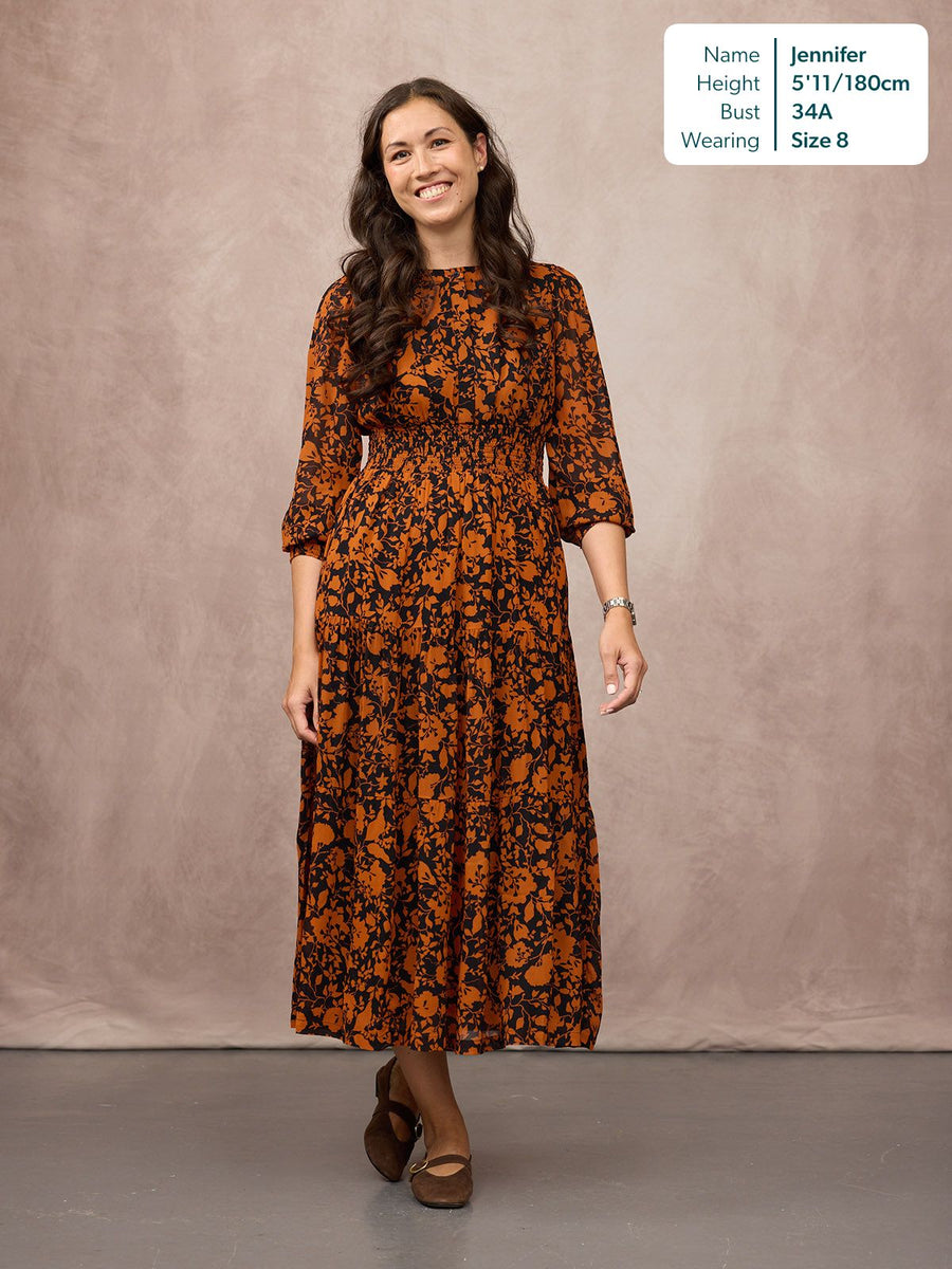 Eleanor Tiered Skirt Dress - Orange & Black Floral Print