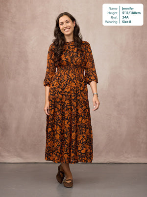 Eleanor Tiered Skirt Dress - Orange & Black Floral Print