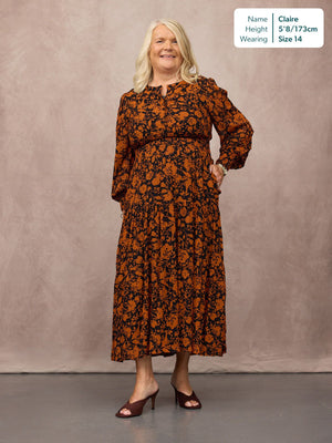 Eleanor Tiered Skirt Dress - Orange & Black Floral Print