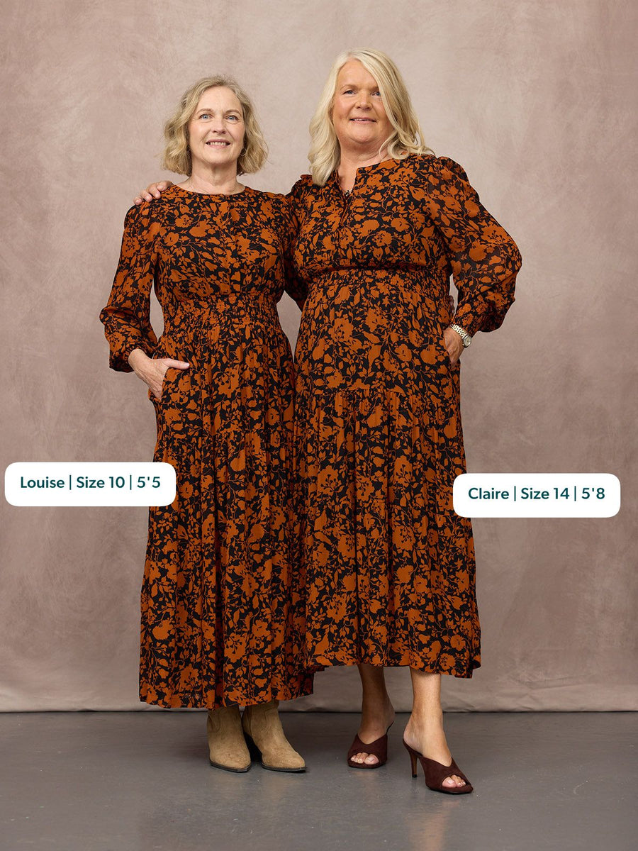 Eleanor Tiered Skirt Dress - Orange & Black Floral Print