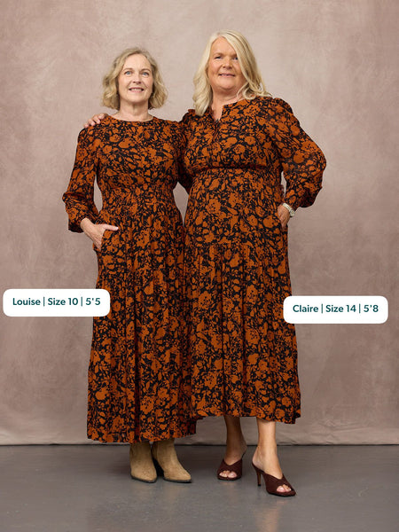 Eleanor Tiered Skirt Dress - Orange & Black Floral Print