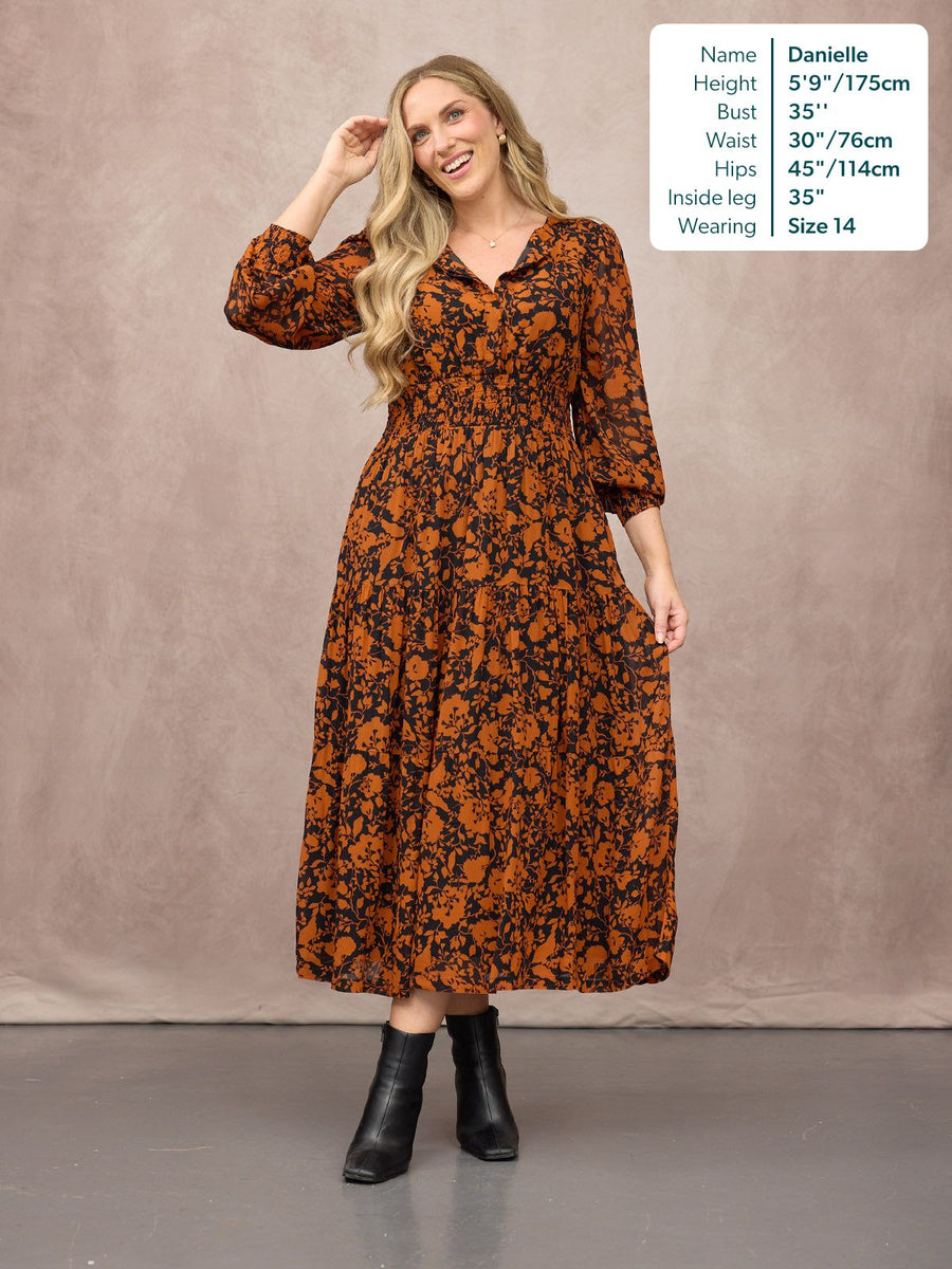 Eleanor Tiered Skirt Dress - Orange & Black Floral Print