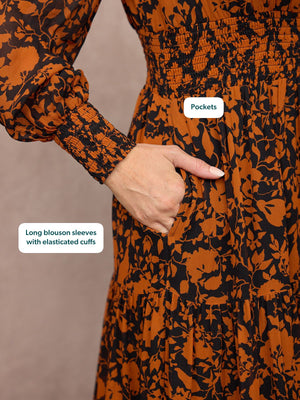 Eleanor Tiered Skirt Dress - Orange & Black Floral Print