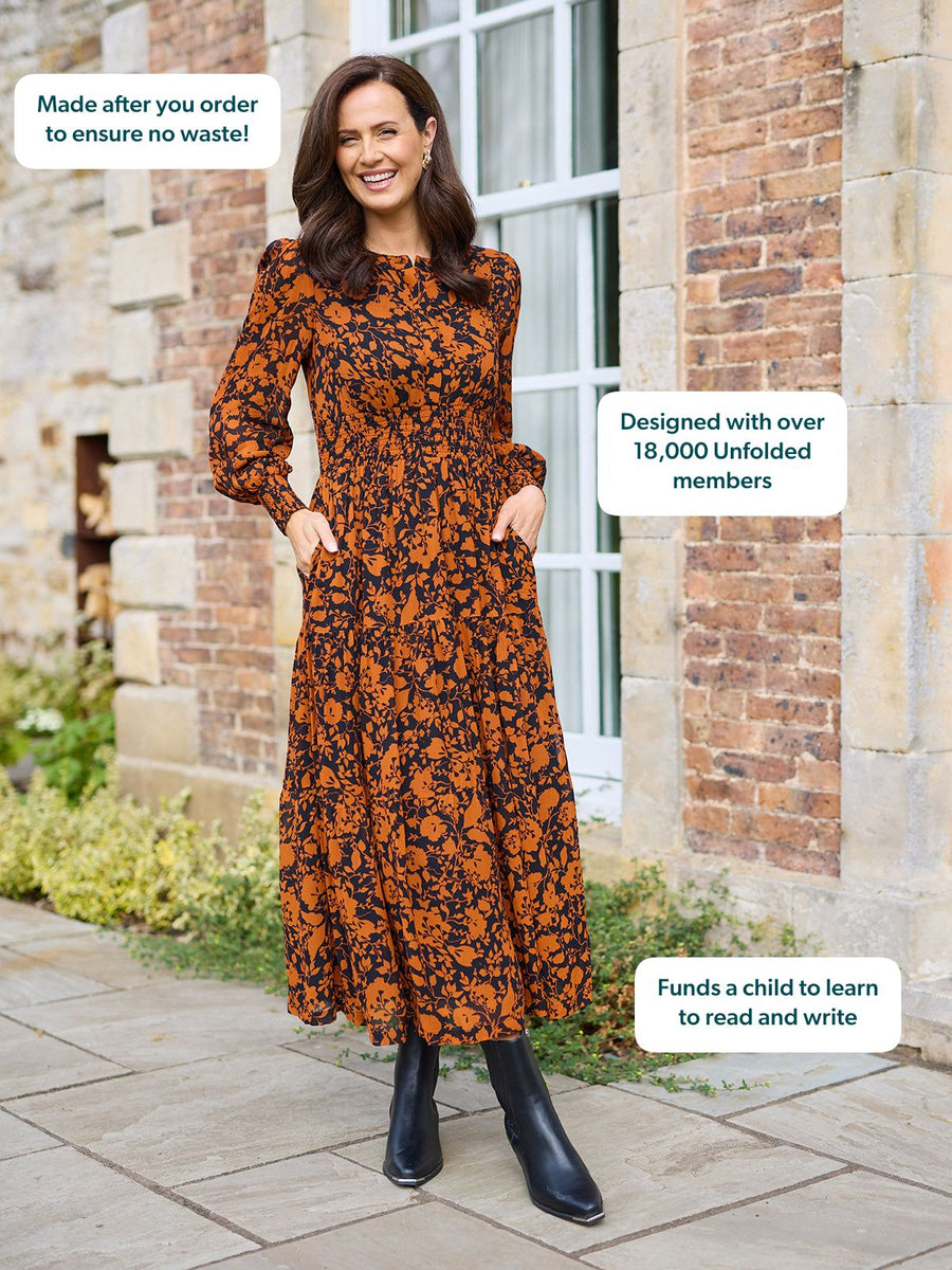 Eleanor Tiered Skirt Dress - Orange & Black Floral Print