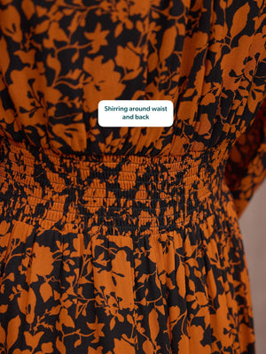 Eleanor Tiered Skirt Dress - Orange & Black Floral Print