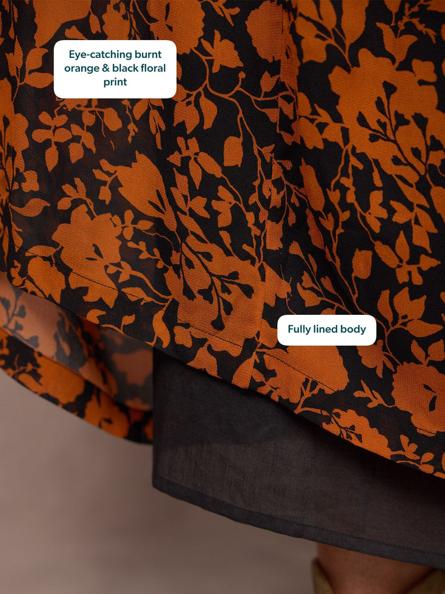 Eleanor Tiered Skirt Dress - Orange & Black Floral Print