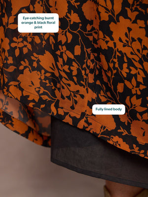 Eleanor Tiered Skirt Dress - Orange & Black Floral Print