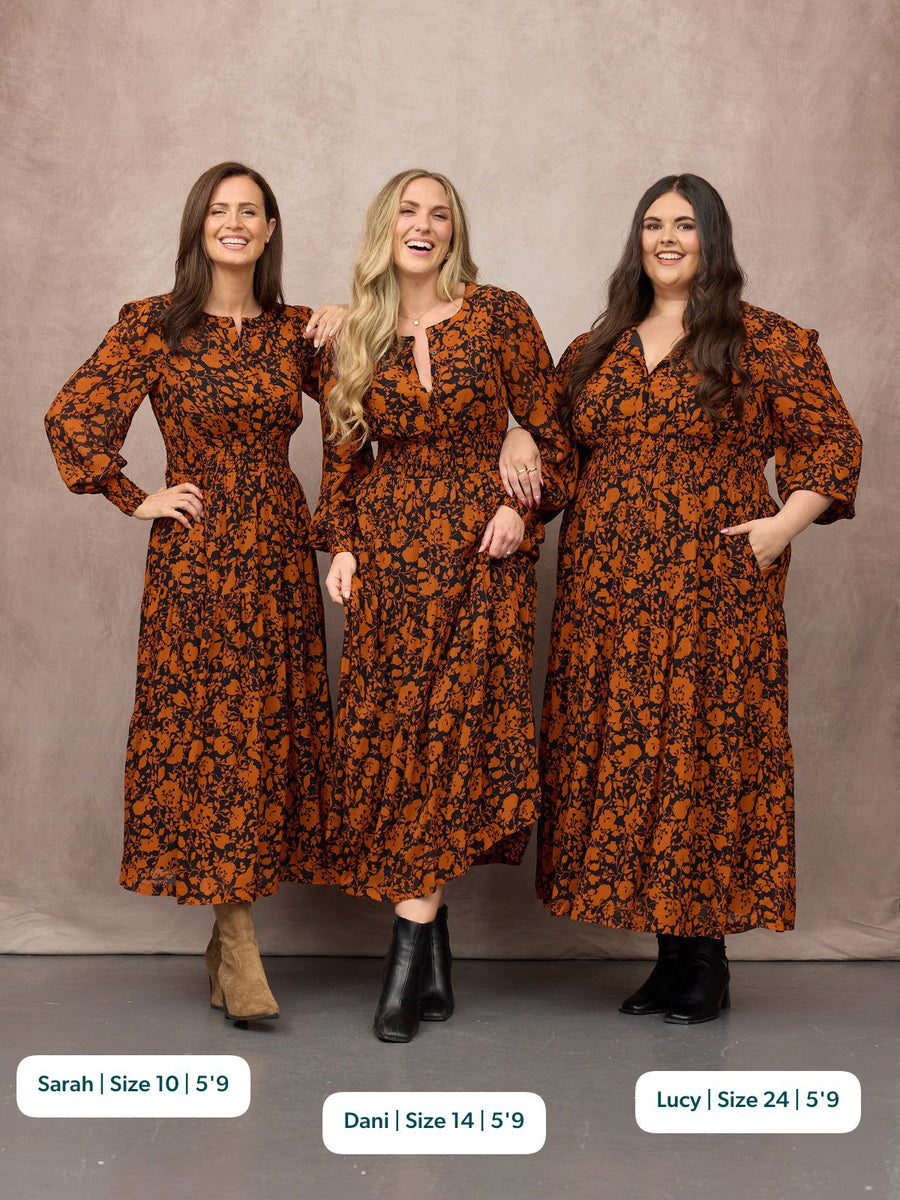 Eleanor Tiered Skirt Dress - Orange & Black Floral Print