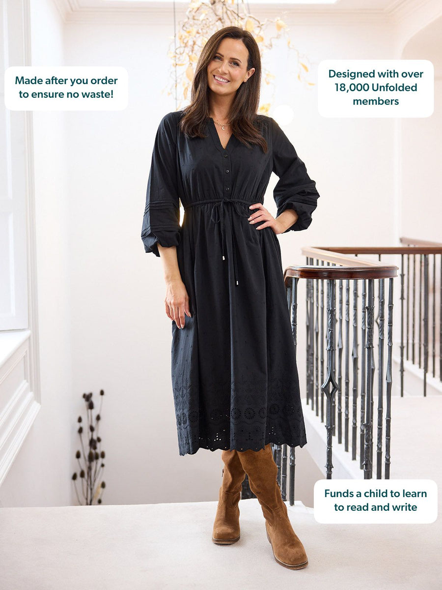 Ellen Long Sleeve Tie Waist Broderie Detail Dress - Black