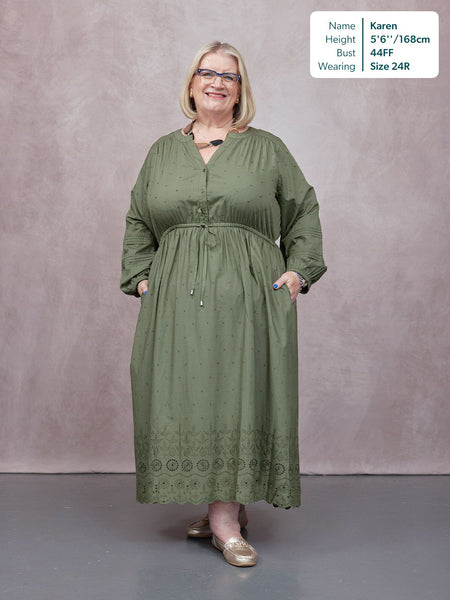Ellen Long Sleeve Tie Waist Broderie Detail Dress - Khaki