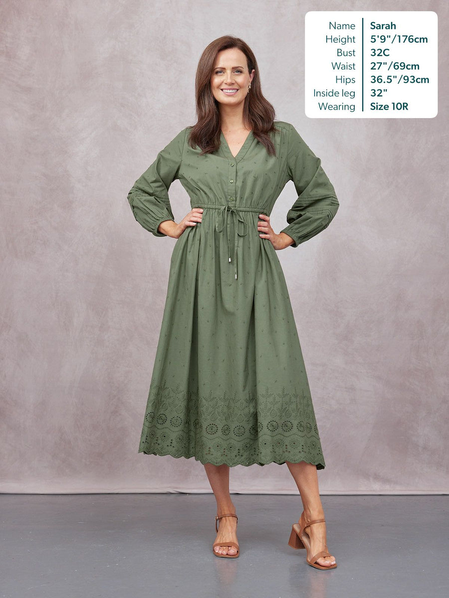 Ellen Long Sleeve Tie Waist Broderie Detail Dress - Khaki