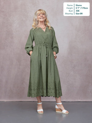 Ellen Long Sleeve Tie Waist Broderie Detail Dress - Khaki