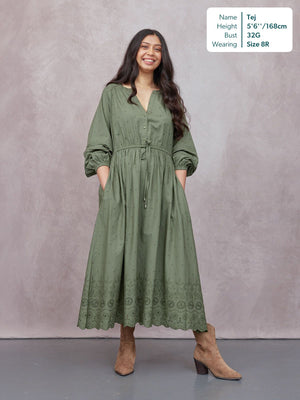 Ellen Long Sleeve Tie Waist Broderie Detail Dress - Khaki