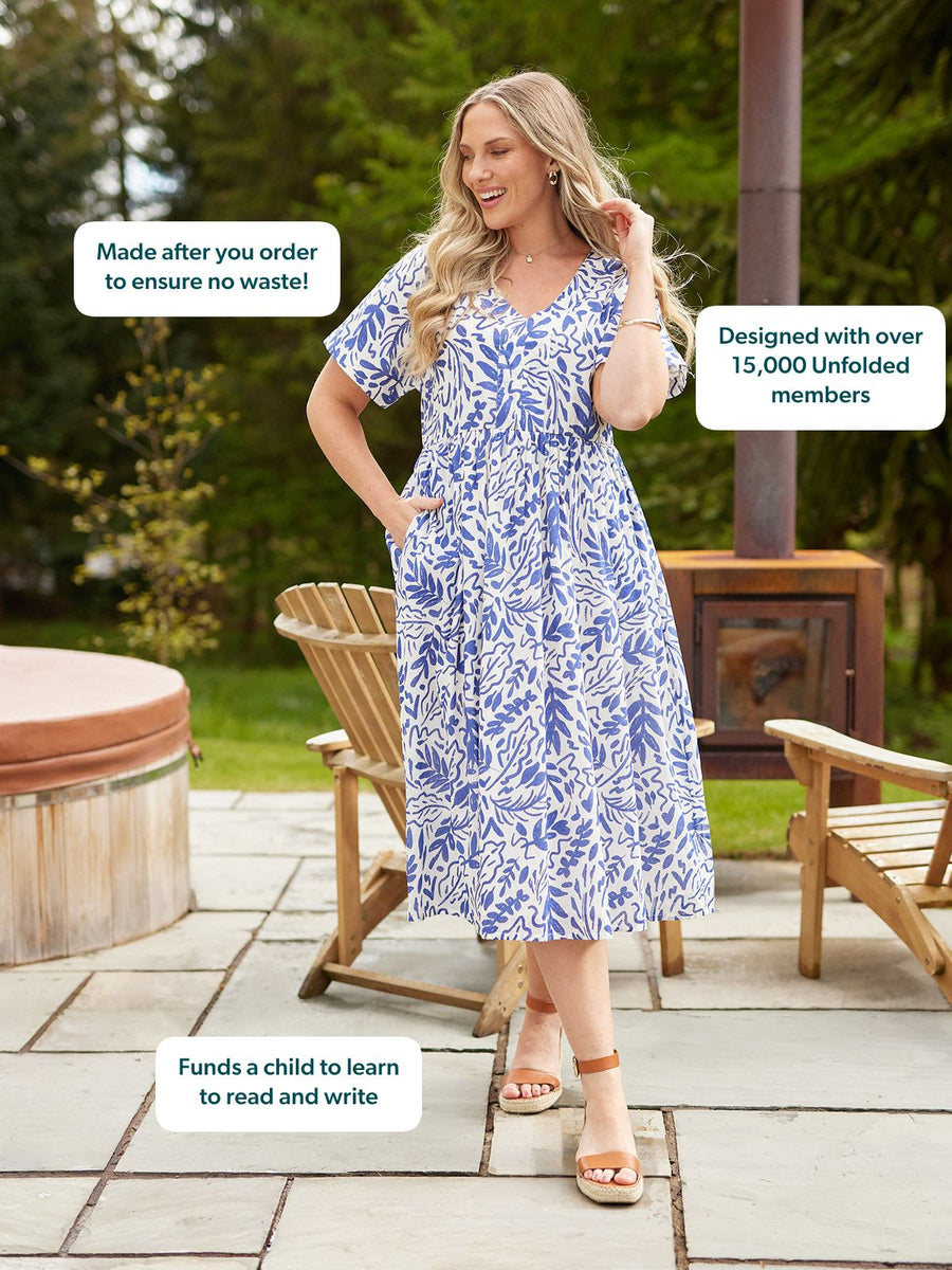 Model wearing a white midi dress with blue botanical print, short sleeves, and a V-neckline, styled with tan wedge sandals…