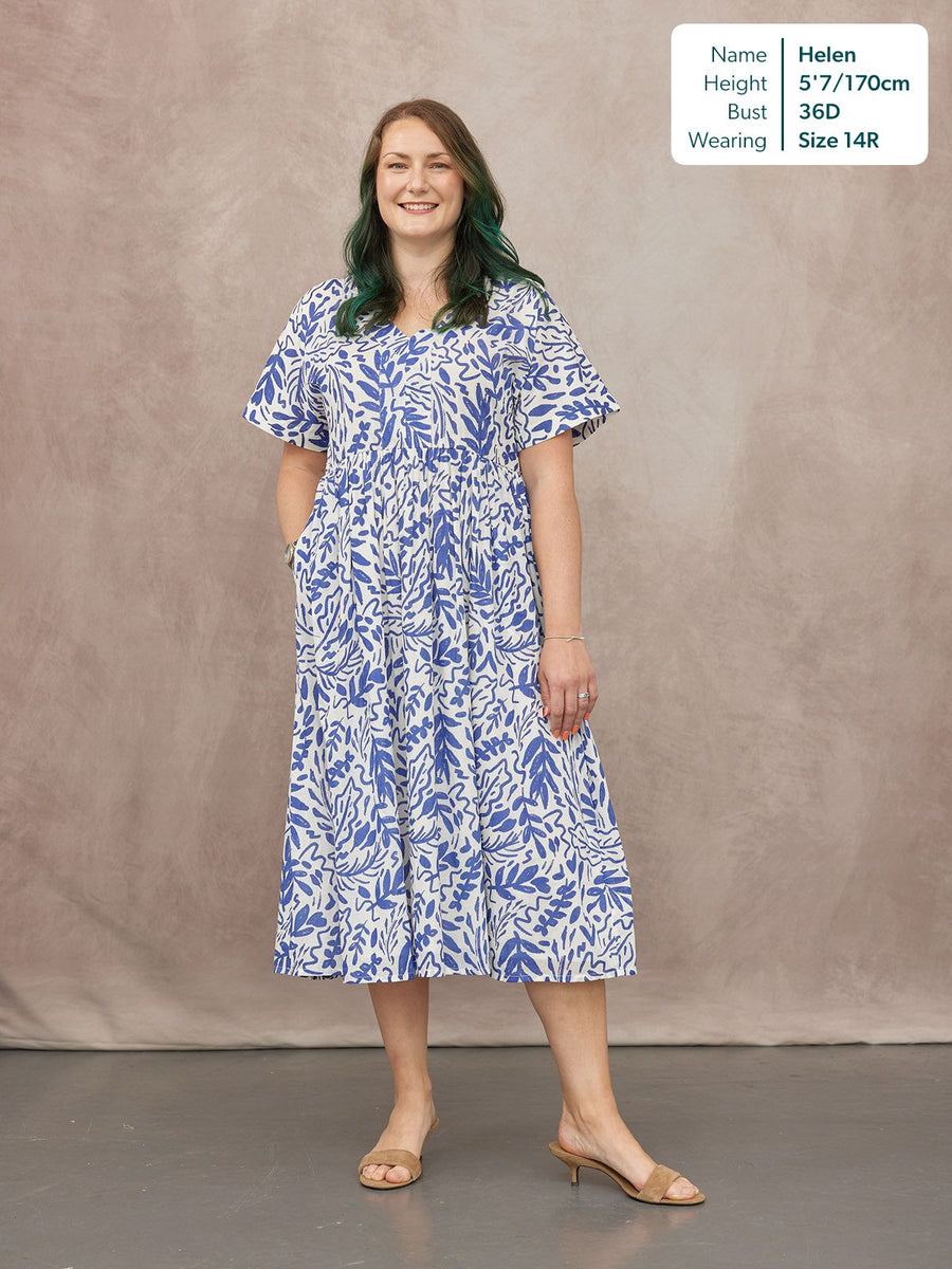 Fern Relaxed Dress - Blue & White Leaf Print  This is Unfolded