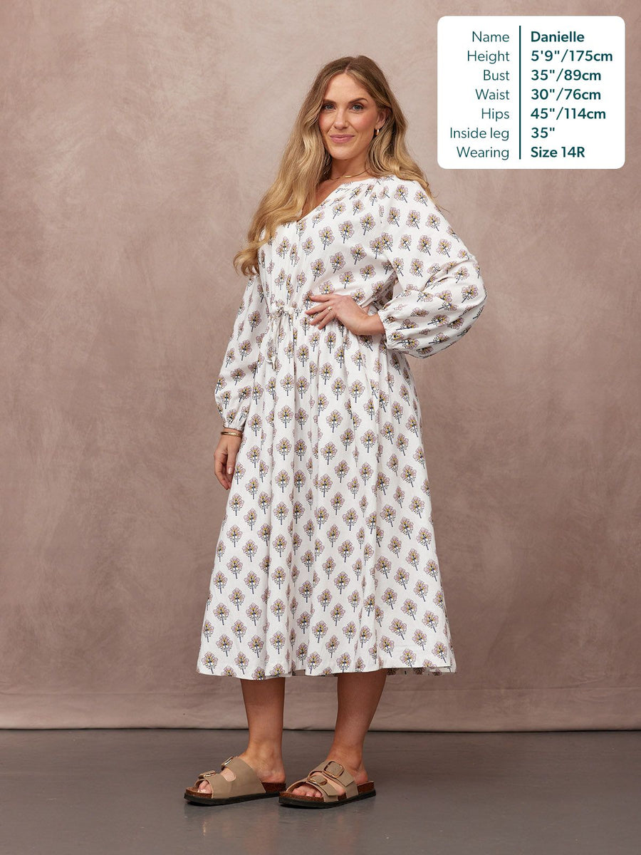 Flora Block Print Dress - Ecru Print