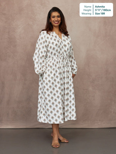 Flora Block Print Dress - Ecru Print