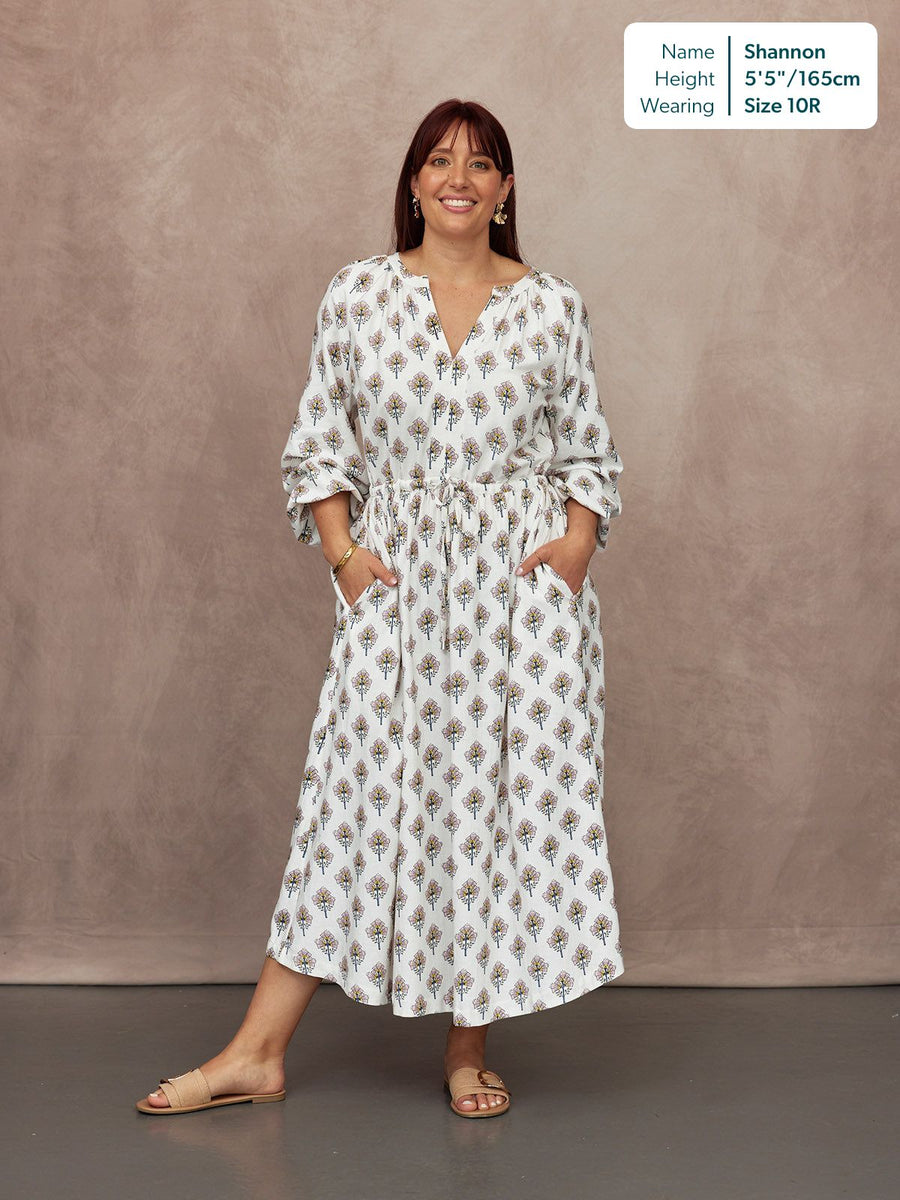 Flora Block Print Dress - Ecru Print