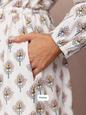 Flora Block Print Dress - Ecru Print